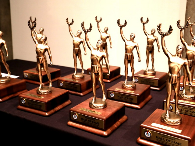 Hall of Fame inductee trophies on display